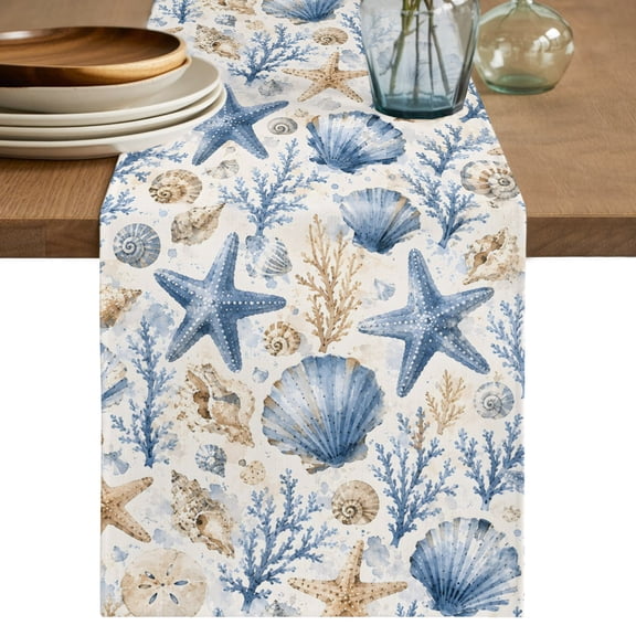 Table Runners 72 Inches Long Dress Scarves, Blue Starfish Coastal Farmhouse Kitchen/Dining Table Decor Table Runner, Coffee Tablerunners, Watercolor Coral Shell Conch 13x72 Inch
