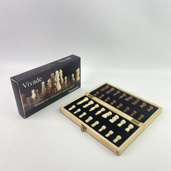 Vivade Chessboards,2 in 1 Magnetic Wooden Chess and Checkers Board Game Set, 15" Folding Chess Boards with 2 Extra Queens, Portable Travel Chess Sets with Pieces Storage Slots