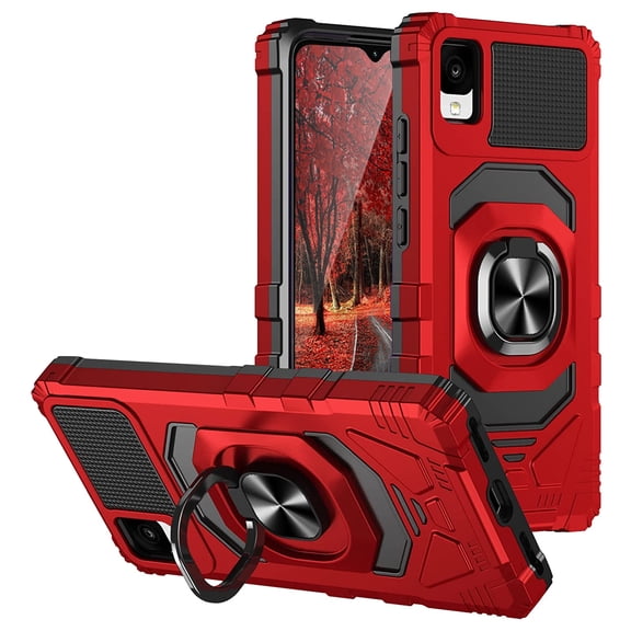 TJS Phone Case for TCL 30 Z T602DL / TCL 30 LE, [Military Grade] Robotic Magnetic Support Car Mount Metal Ring Holder Kickstand for Alcatel TCL 30Z / TCL 30LE (Red)