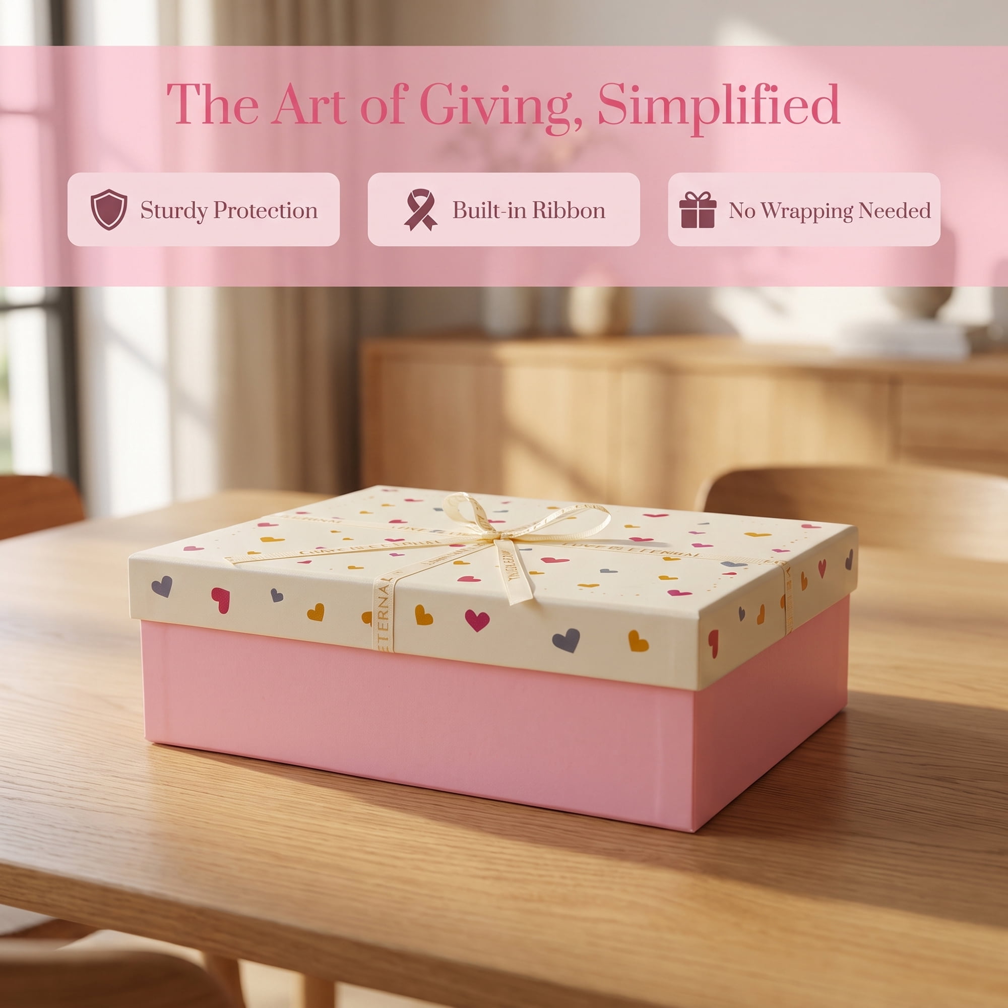 Unique Bargains Colorful Heart Shaped Ribbon Versatile Gift Box Pink 11" x 7.9" x 3.5"