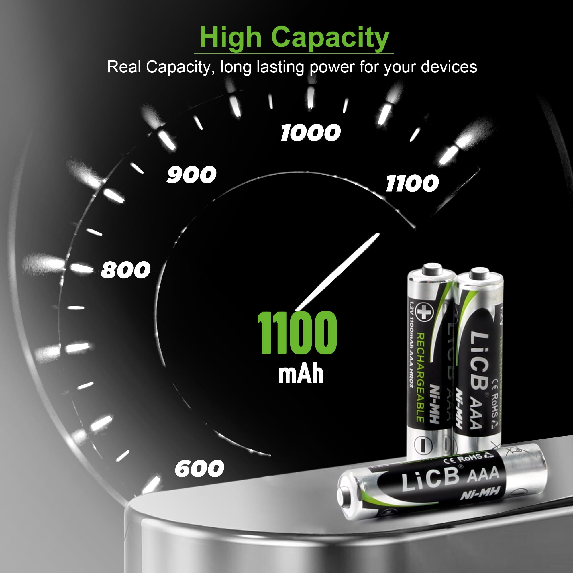 LiCB Rechargeable Batteries AAA 1100mAh with Smart 8 Bay Battery Charger, 8 Count 1.2V NiMH Triple A Battery