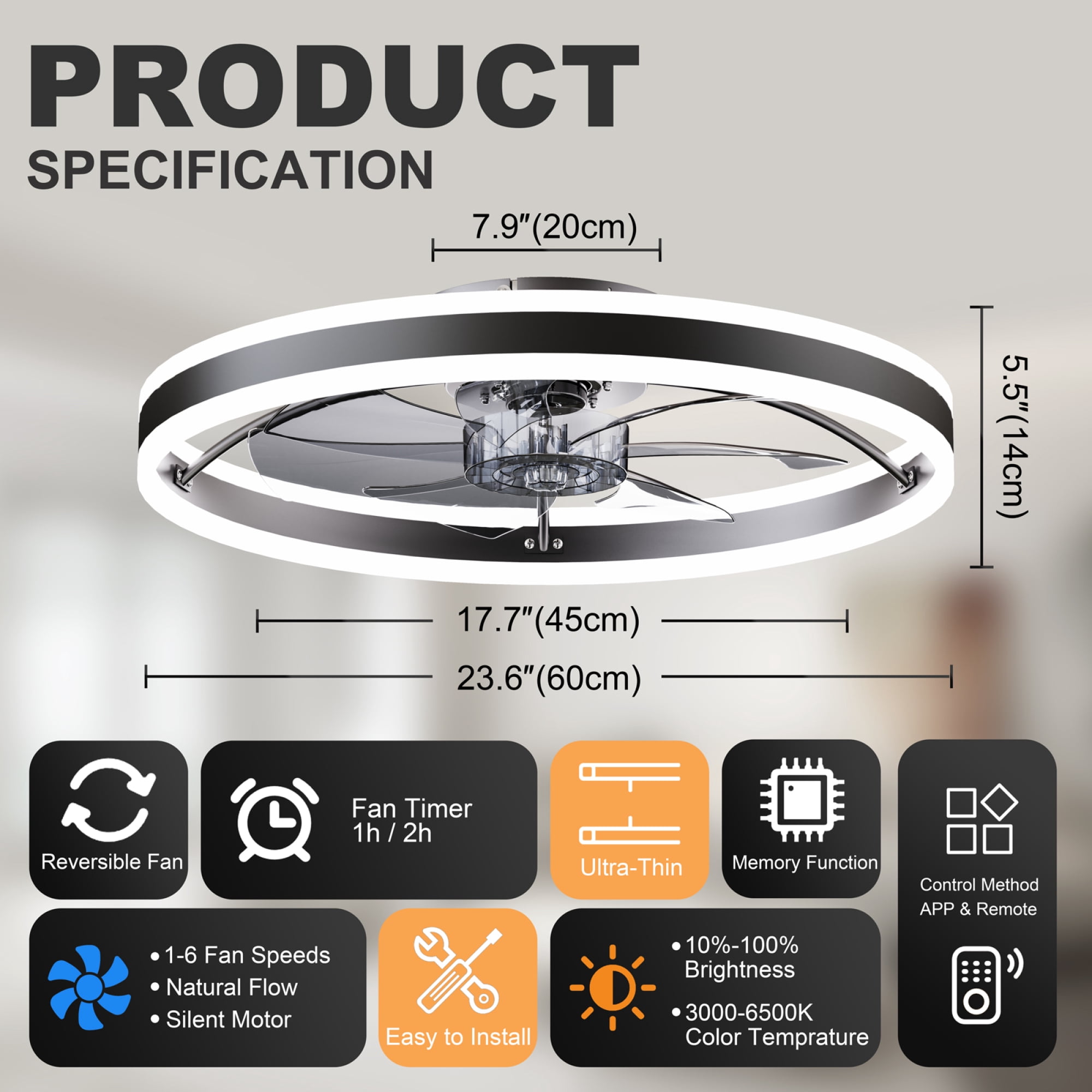 Leumius 23.6"Smart Ceiling Fan with LED Light, 7 Blades Modern Metal Design, 6-Speed Quiet DC Motor, APP & Remote Control, Dimmable Light 3000K-6500K for Living Room Bedroom Black