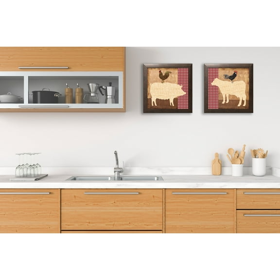 Gango Home Decor Retro Farm Animals Kitchen Wall Art; Two Red 12x12in Art Prints in Brown Frames