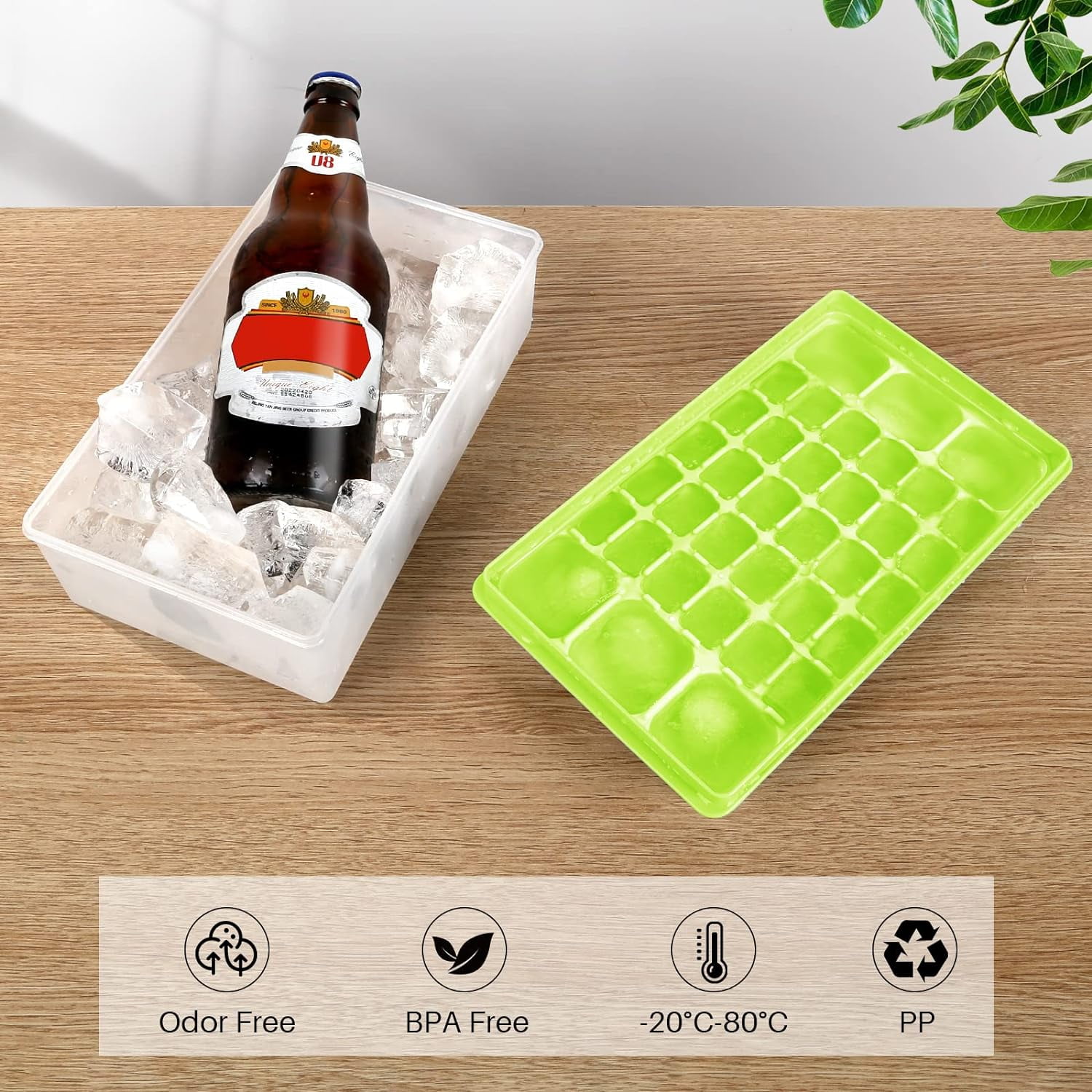 Ice Cube Tray with Lid and Bin for Freezer, Easy Release 36 Nugget Ice Tray with Cover, Storage Container, Scoop. Perfect Small Ice Cube Maker Tray & Mold. Flexable Durable Plastic, BPA Free (Green)