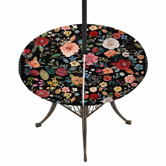 Outdoor Tablecloth with Umbrella Hole and Zipper Black Floral Round Fitted Table Cover with Elastic Waterproof Farmhouse Vintage Flower Patio Tablecloths for Picnic BBQS Garden Party Fit 55"-60"