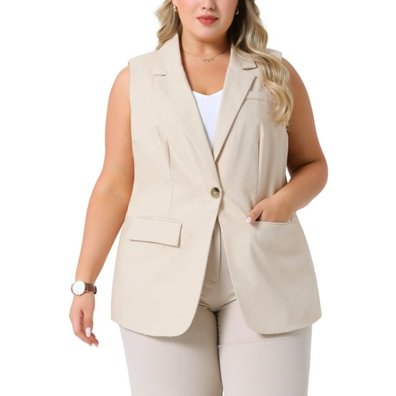 Agnes Orinda Women's Plus Size Linen Blazer Vests Button Up Sleeveless Waistcoat Casual Business Suit Jacket with Pockets 1X Apricot