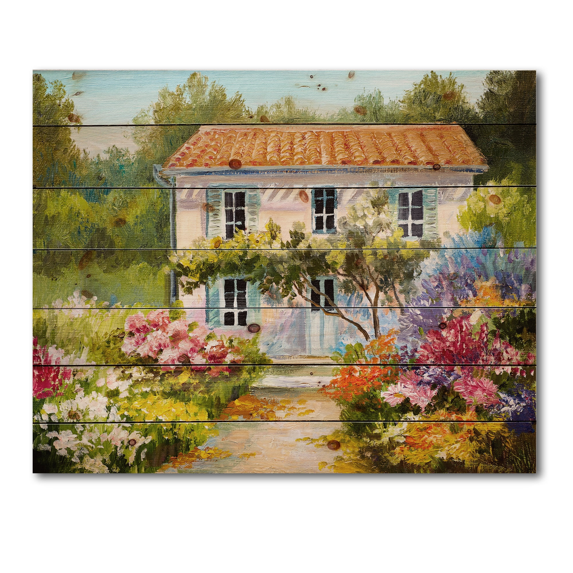Designart 'The Mountain With Flowers With Little House II' Traditional Print on Natural Pine Wood