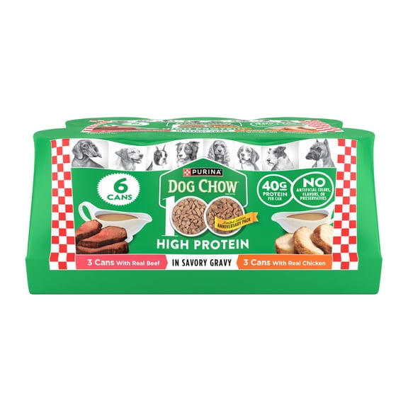 Purina Dog Chow Wet Dog Food, High Protein Real Beef & Chicken in Savory Gravy, 13 oz Cans