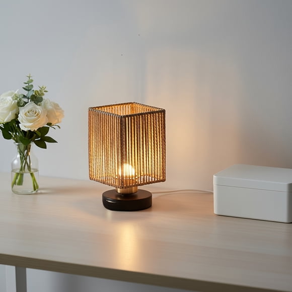Handmade Rattan Wicker Farmhouse Bedroom Table Lamp, Rustic Style Woven Lamp with Warm White LED Light Source, Bohemian Style, Living Room Kitchen Corner Lampshade, 7.87inch High