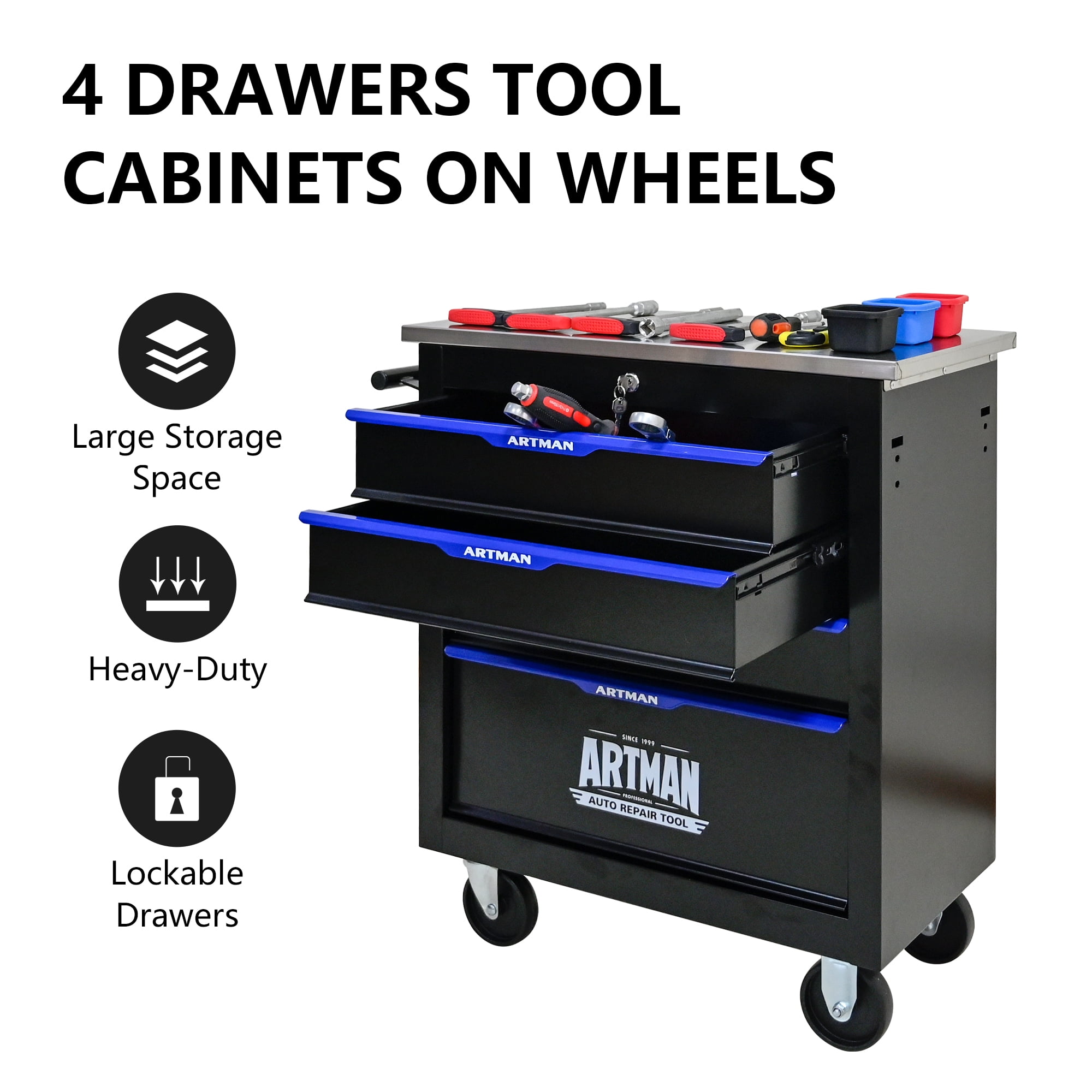 POVANLi 4 Drawers Multifunctional Tool Cart with wheels,Key Locking and 4 Toolbox On Wheels, Metal,Suitable for Garages,Warehouses,Workshops,Repair Shops(Black+Blue)