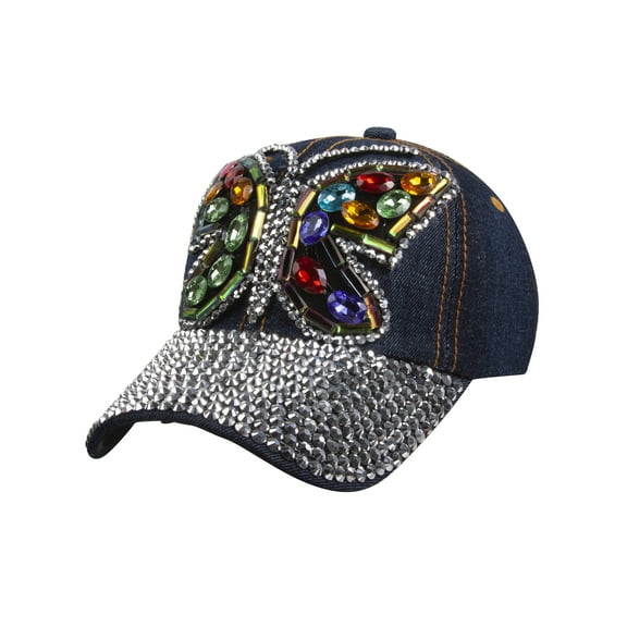 Top Headwear Butterfly Gem Distressed Denim Baseball Cap