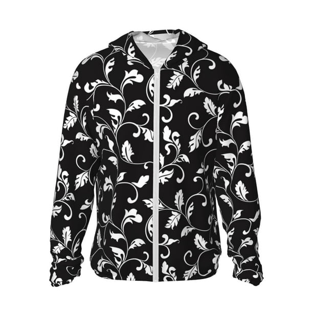 Fotbe Black White Leaves Chaqueta con Protección Solar UPF 50+ para Hombre y Mujer, Camisa con Capucha y Bolsillos-Medium