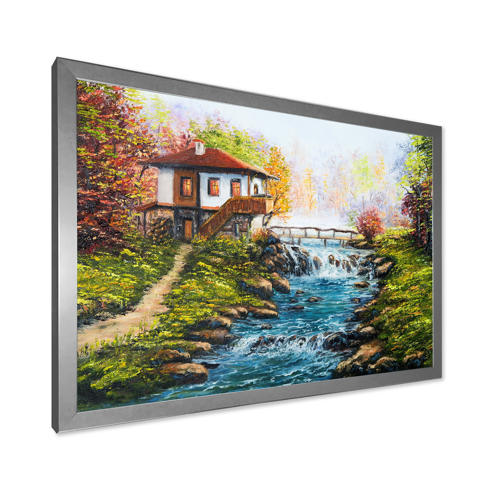 Designart 'Traditional Bulgarian River and House' Lake House Framed Art Print