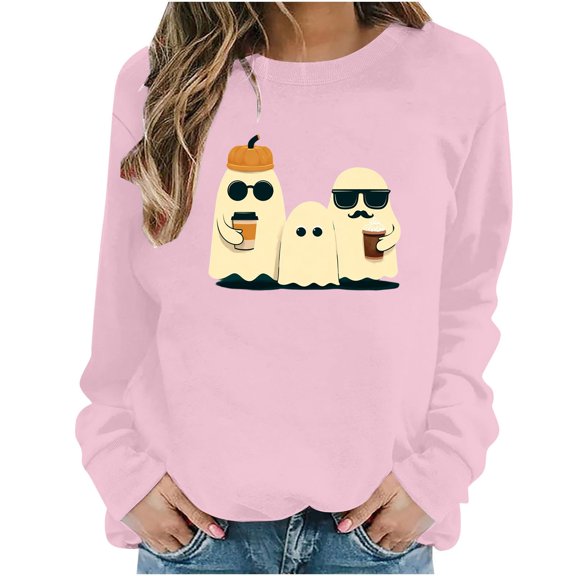 Qingpeng Womens Halloween Sweatshirt Oversized Long Sleeve Tops Printed Casual Crew Neck Sweatshirts Holiday Fall Loose Fit Pullover
