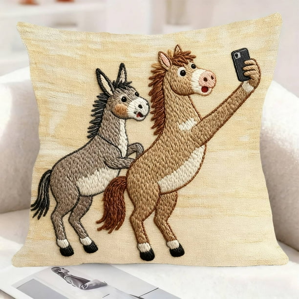 Funda de almohada con estampado divertido del año del caballo, funda de cojín de lino para sofá, decoración del hogar, funda de cojín familiar, funda de almohada cuadrada