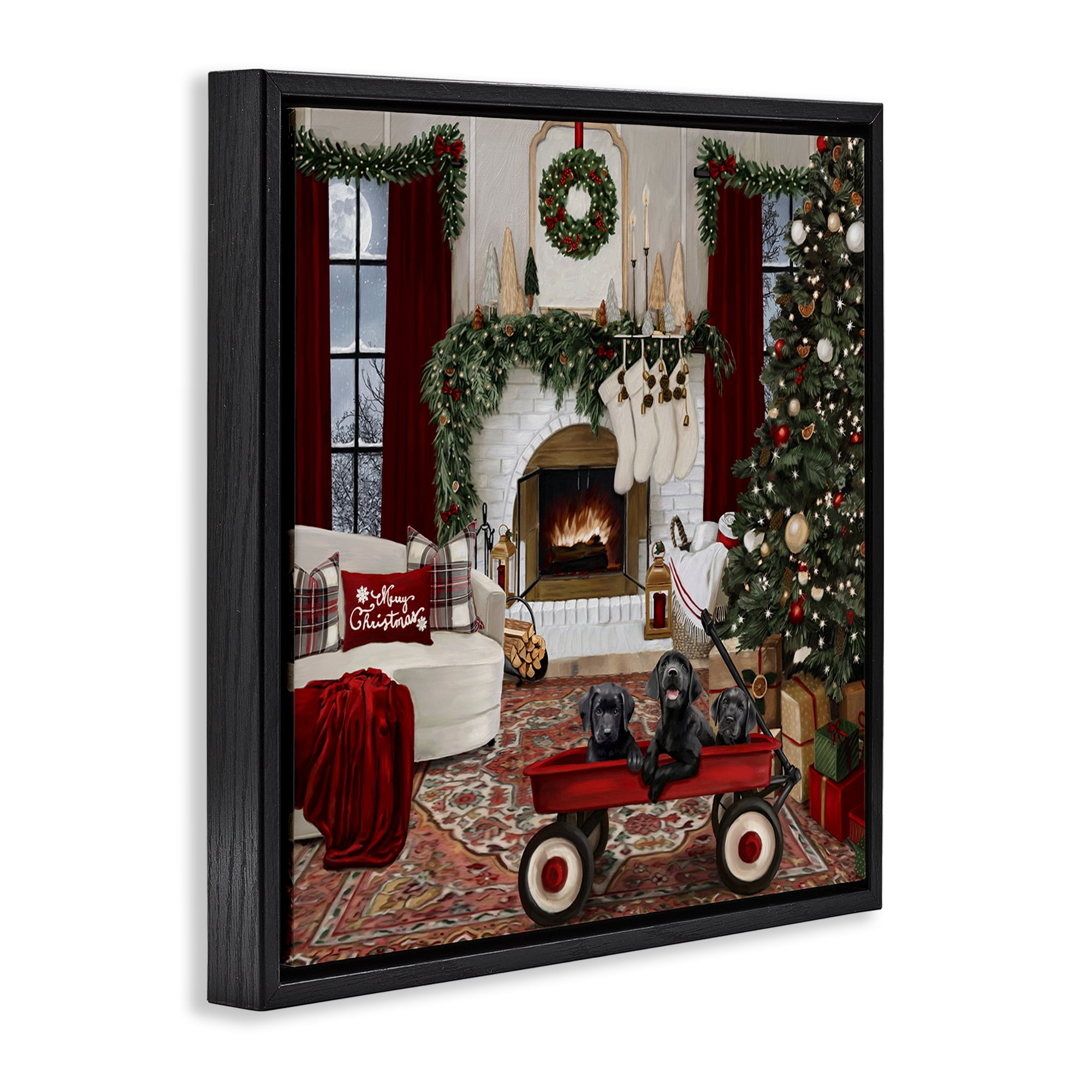 Stupell Industries Christmas Hearth Lounge Holiday Painting Black Floater Framed Canvas Art Prints Wall Art, 18 x 18
