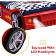 thumbnail image 3 of Twin Size Race Car Bed for Kids with LED Wheels, Wooden Platform Frame, Headboard & Slats for Boys Toddlers Bedroom, Red, 3 of 11