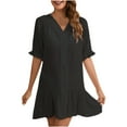 thumbnail image 3 of Summer Dresses for Women Under $10 New Ruffle Loose Solid Beach Button Cover Skirt Knee Length Dress, 3 of 3