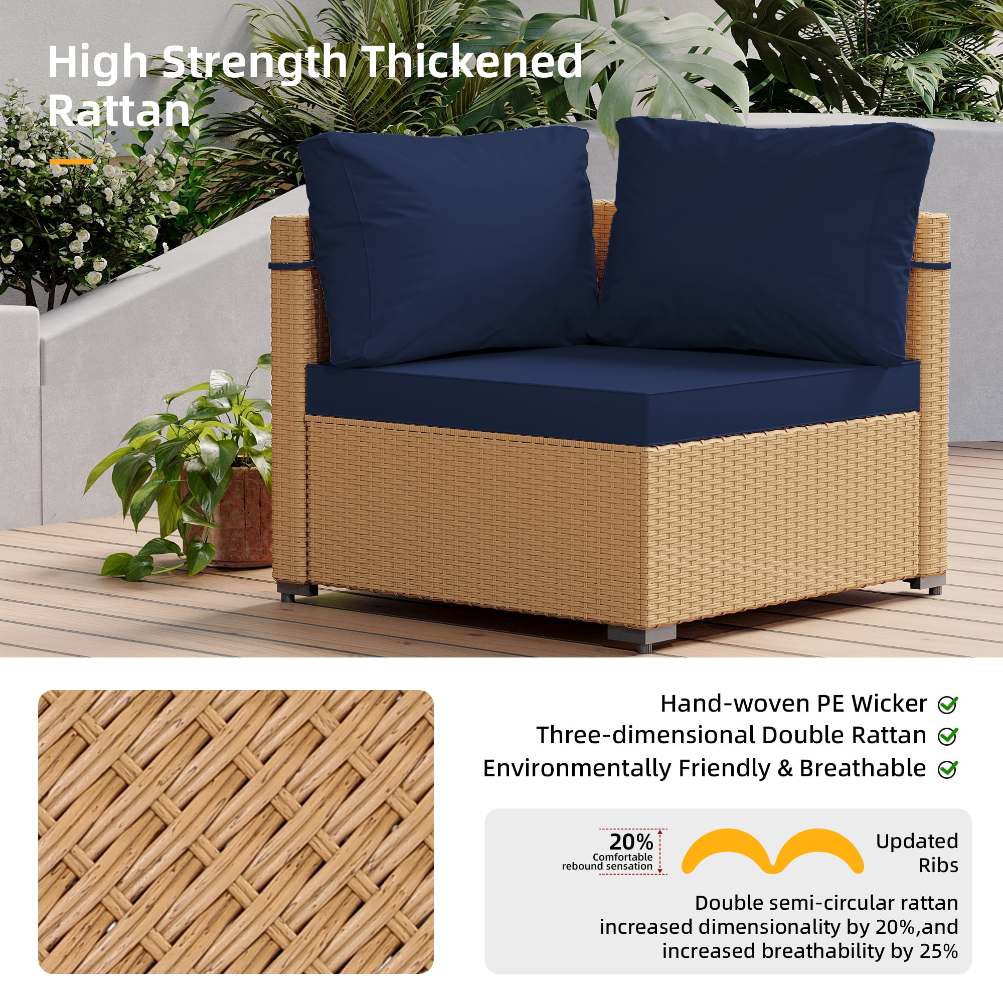 UPHA 5 Pieces Outdoor furniture Sets Patio Sectional Couch Wicker Conversation Sofa for Pools Outside, Gardens, Decks, Yellow Rattan, Navyblue Cushion