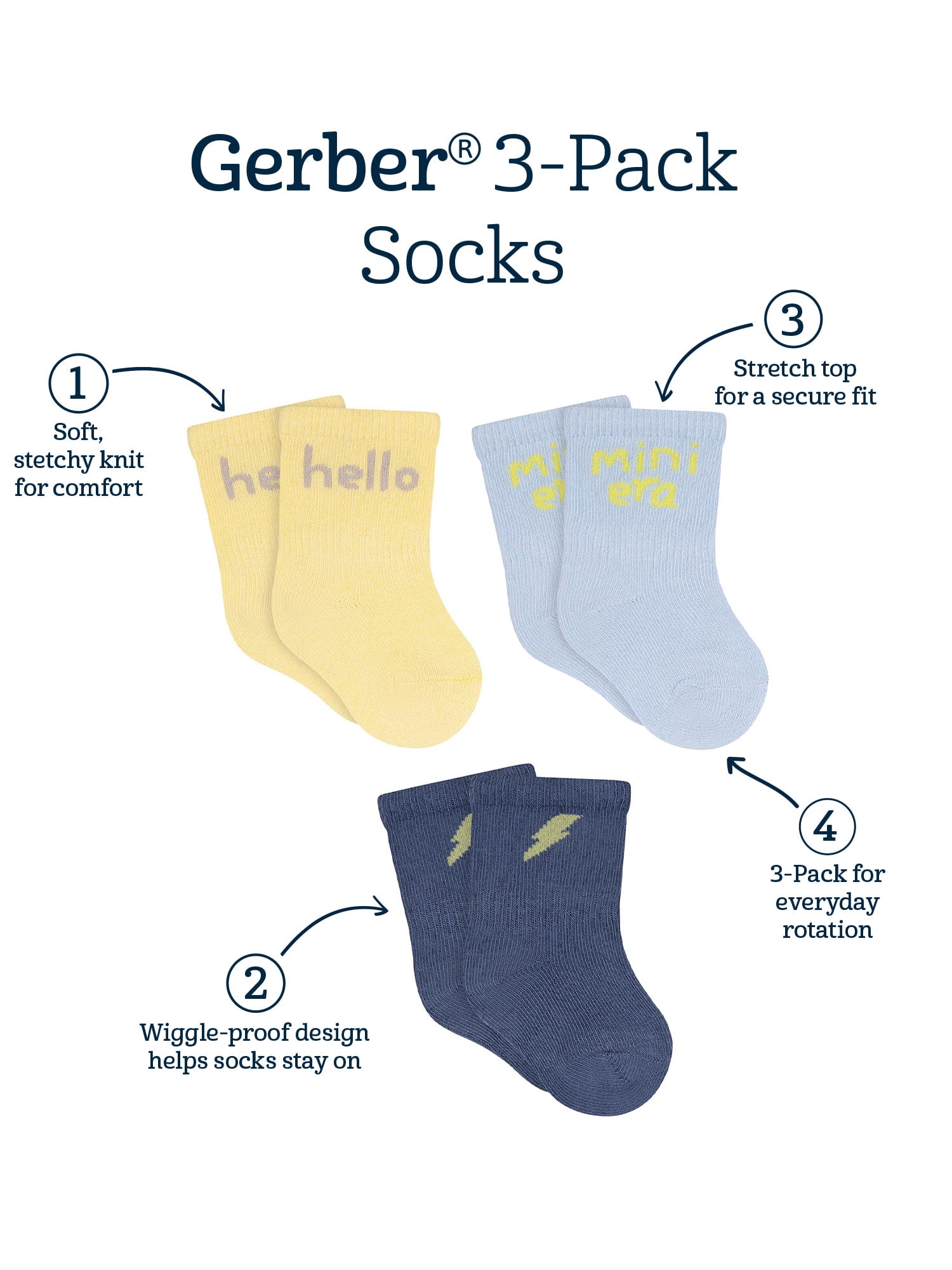 Gerber Baby Girl Jersey Wiggle Proof Crew Socks, 3-Pack, Sizes 0/6 Months - 6/12 Months