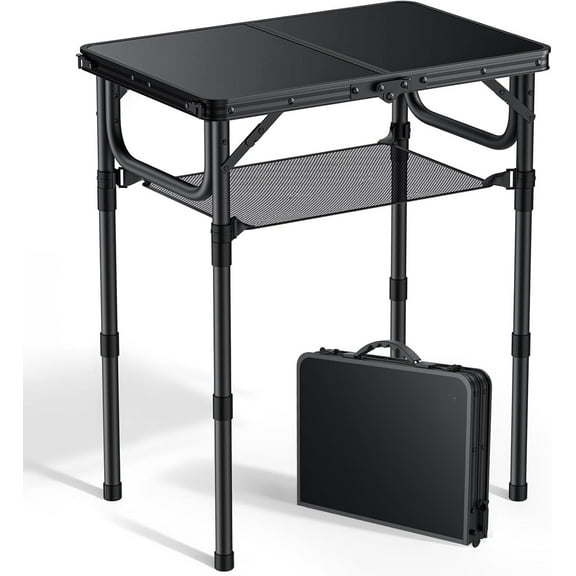Folding Table with Storage Net, Solid Black Aluminum 2-Foot Picnic Table, 23.2" x 16", 27.5" Max