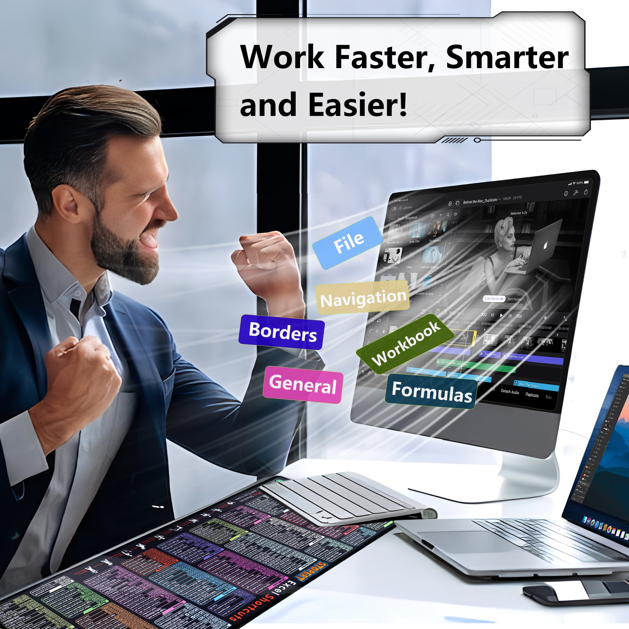 Office Excel Cheat Sheet Desk Pad Mat, XL Excel Shortcuts Mouse Pad Gaming, Large Mouse Pads for Desk, 31.5”x11.8” Desk Matt for Desktop, Waterproof Anti Slip Computer Keyboard Pad with Shortcuts