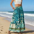 thumbnail image 5 of LWavelet Women Peony Print Tiered Maxi Skirt Elastic Waist With Pockets Boho Summer Long Skirt Turquoise L, 5 of 6
