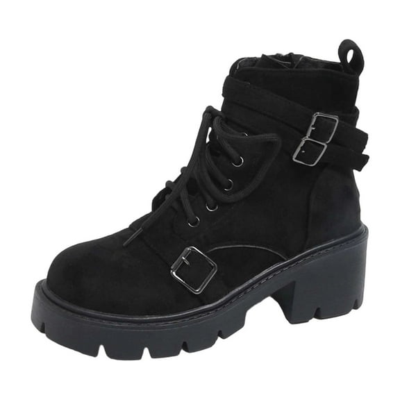 Black Women'S Fashion Boots Versatile Short Solid Color Round Toe Front Lace-Up Thick Heel Mid-Heel For Outdoor Leisure