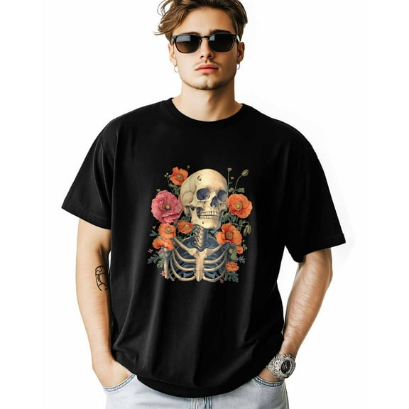Men's T-Shirt Vintage Poppy Flower Skeleton Skull Short Sleeve Casual Tee Classic Crew Neck T-Shirt for Men, XL