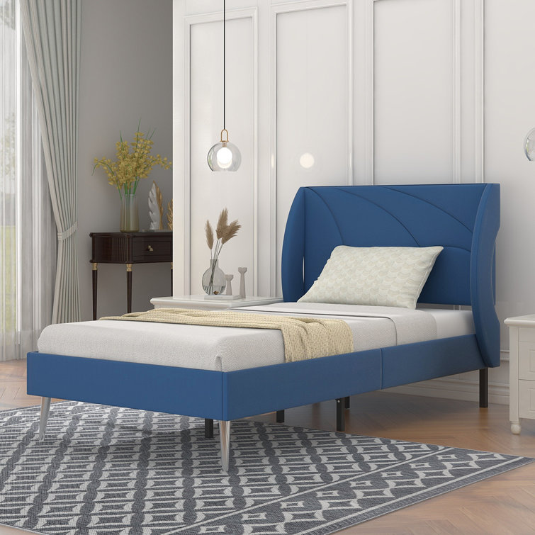 Tslinn Low Profile Upholstered Twin Bed Frame With Wing Headboard,Navy