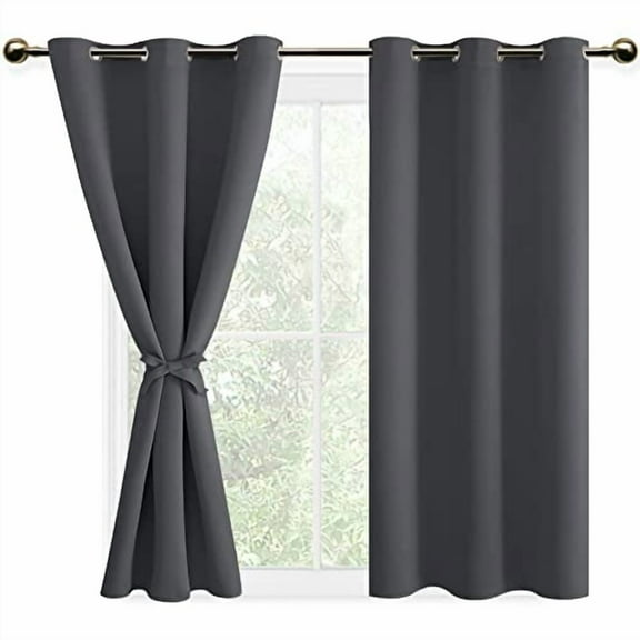 DWCN Dark Grey Blackout Curtains for Bedroom with Tiebacks - Thermal Insulated Light Blocking Grommet Window Curtains for Living Room, 42 x 54 inch Length, Set of 2 Panels
