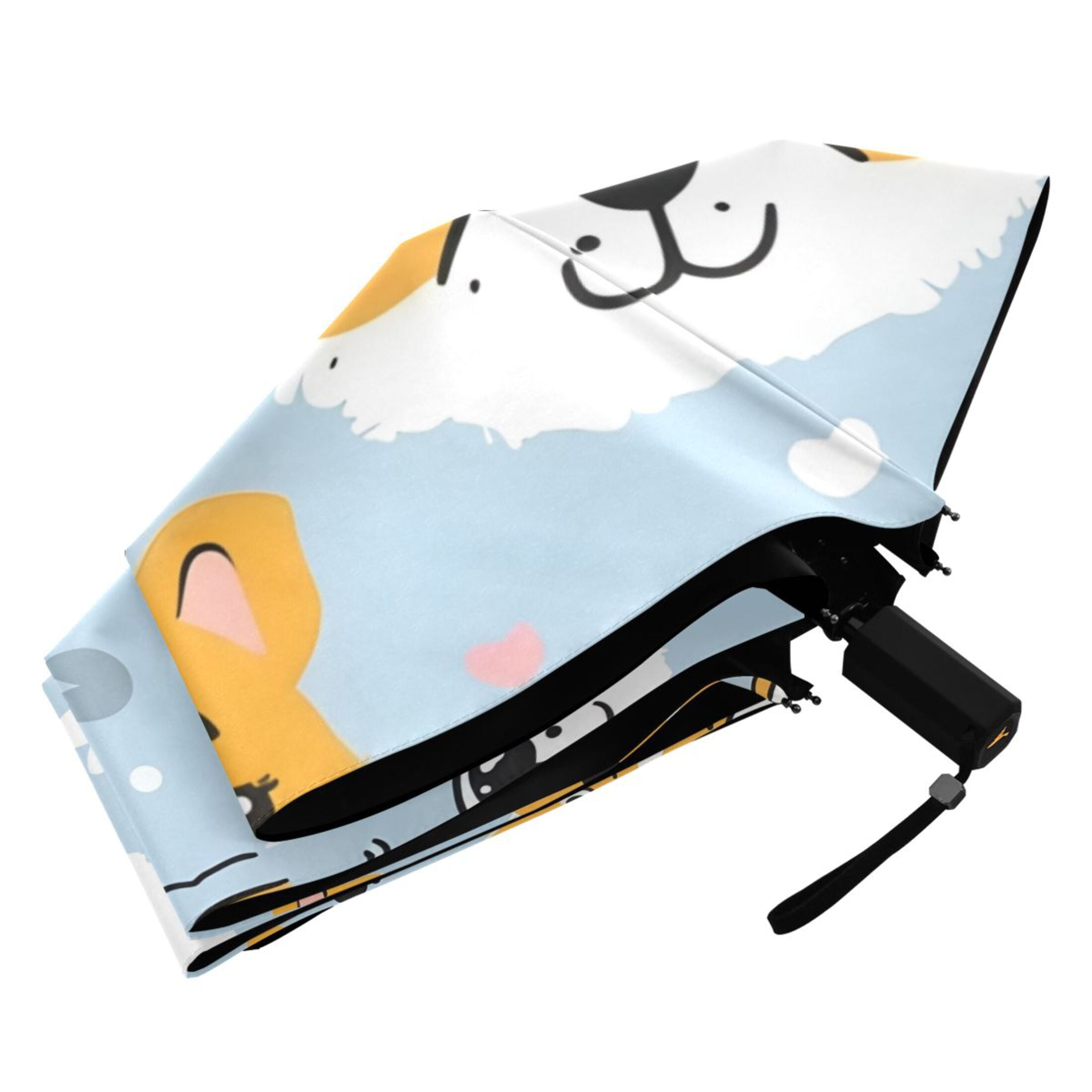 Cute Doodle Dogs Paw Prints Hearts All Weather Umbrella Triple Folding Parasol 6 Ribs UV Protection Portable