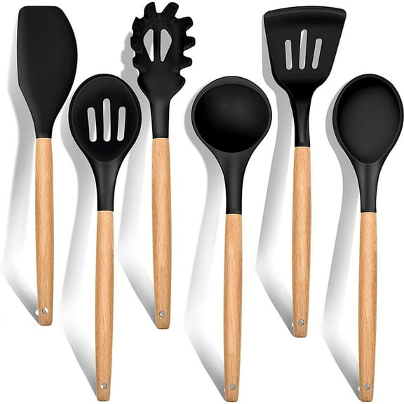 Kitchen Utensils Set of 6, VeSteel Silicone Cooking Utensils with Wooden Handle, Non-Stick Cookware & Heat Resistant, Includes Spatula/Ladle/Slotted Turner/Serving Spoon/Spaghetti Server(Black)