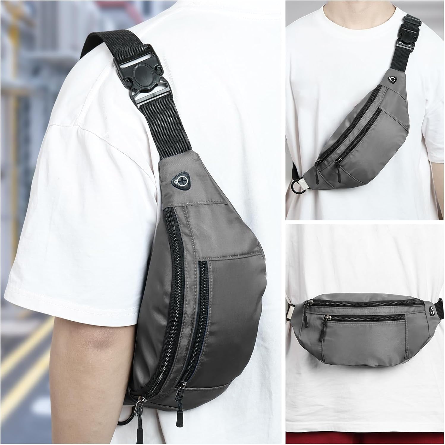 Kwuty 10PCS Crossbody Fanny Pack Large Capacity Waist Bag with Hidden Zipper Pockets Adjustable Strap Fanny Packs Waterproof Oxford Cloth Travel Belt Bag for Outdoor Shopping Travel Men Women,Black