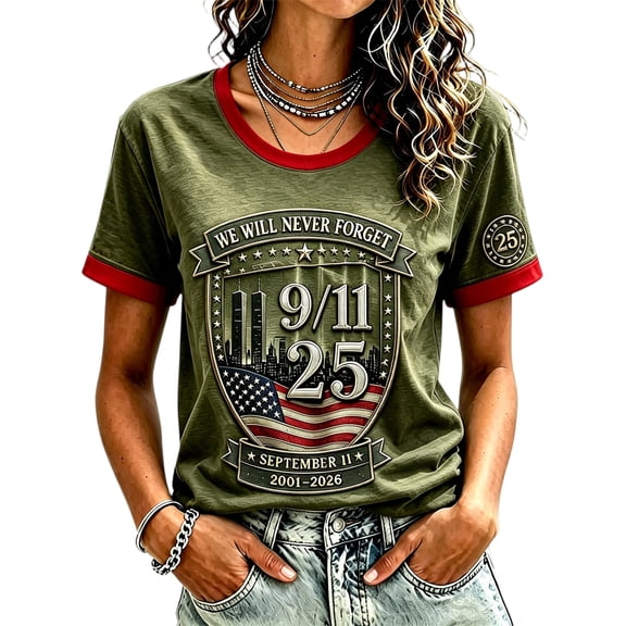 Never Forget 9/11 Shirt for Women Patriotic V-Neck Tee with Red Trim & 25 Years Patch, Soft Cotton Relaxed Fit American Flag Memorial Top Army Green L