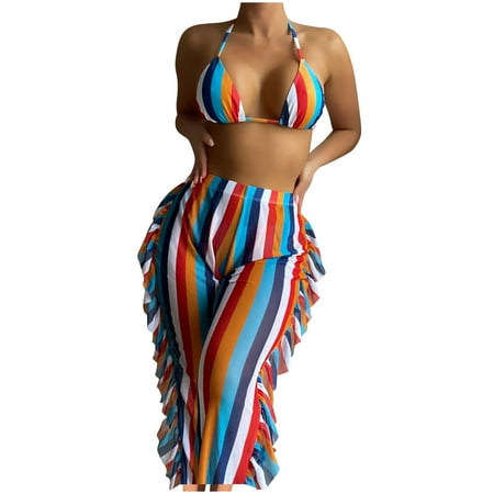 Arnsht Women s 3 Pcs Bikini Sets Flower Printed Swimwear Suits Halter Tie-up Swim Bra High Waist Panty with Cover Skirt Multicolor M