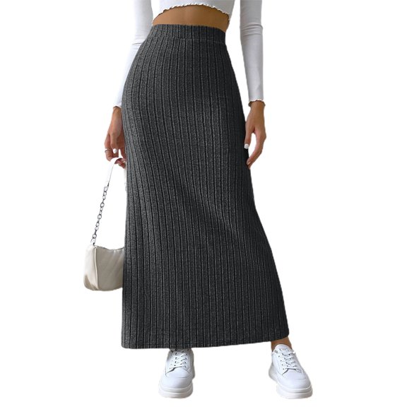 comerut Women Fall Winter Skirt High Waist Knitted Elastic Thick Warm Ankle Length Striped Slim Fit Split Hem Soft Sheath Lady Maxi Skirt