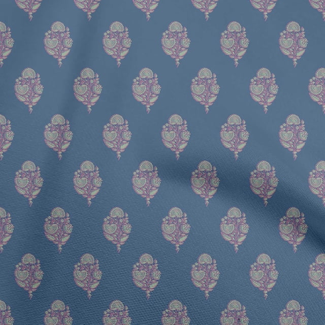 oneOone Cotton Poplin Medium Blue Fabric Asian Block Print Sewing Craft Projects Fabric Prints By Yard 42 Inch Wide