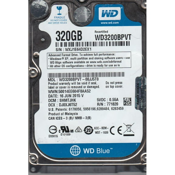 WD3200BPVT-00JJ5T0, DCM SHMTJHK, Western Digital 320GB SATA 2.5 Hard Drive