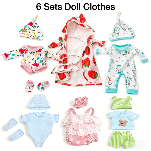 AlevRam 6 Sets 12 inch Baby Doll Clothes, Soft Cotton Bodysuits Outfits with Hats, Doll Clothes Set for 10-12 inch Dolls, Gift for Kids Girls