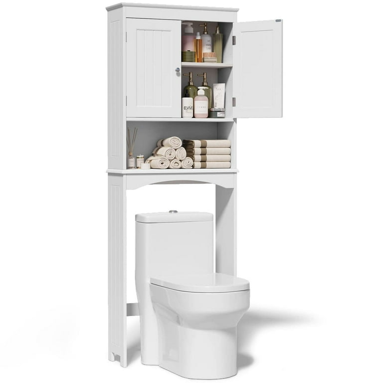 LOKO Over The Toilet Storage Cabinet, 2-Door Tall Bathroom Organizer w/ 4  Open Compartments & Adjustable Shelves, Modern Simple Toilet Space Saver