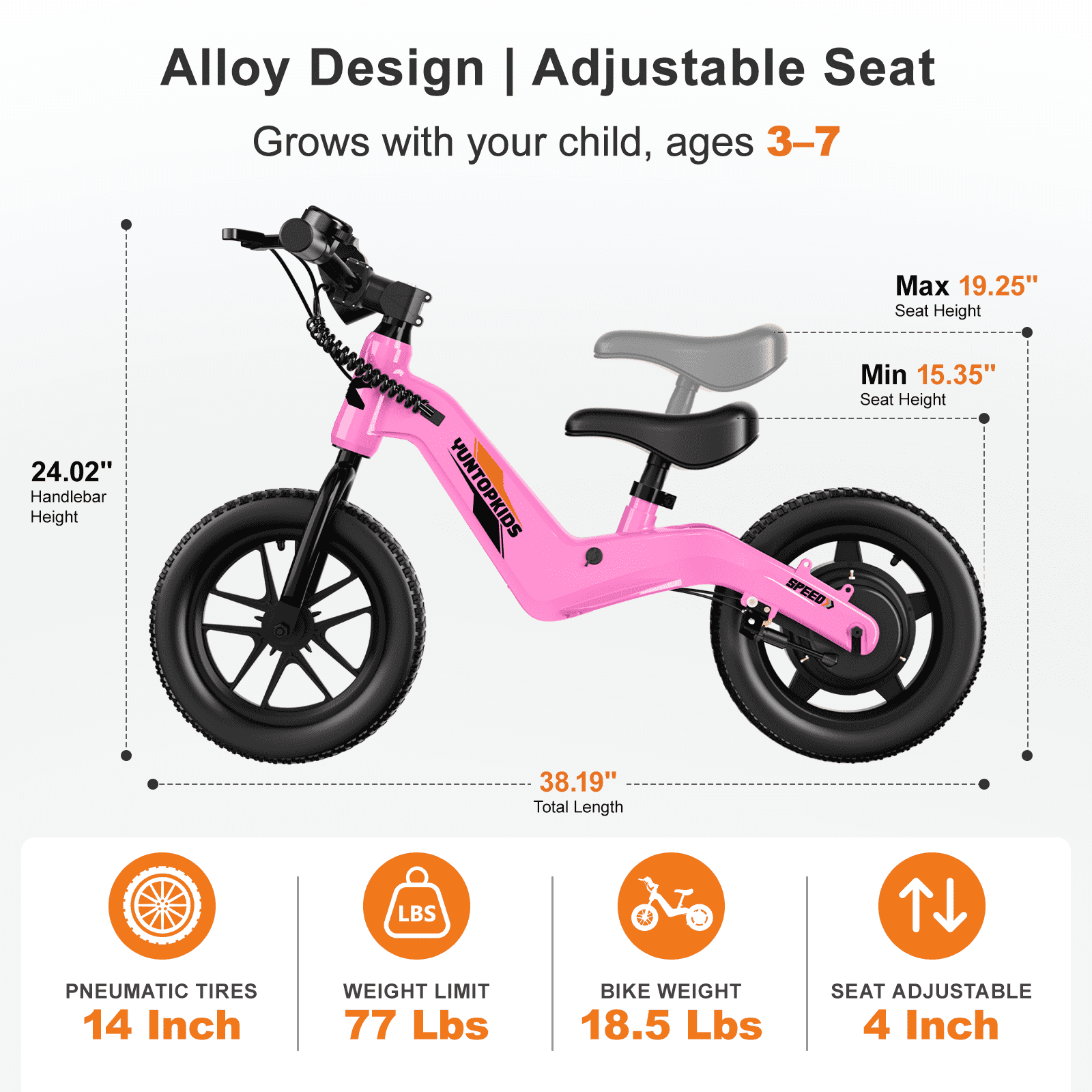 YunTopKids Electric Bike for Kids, 180W Motor Electric Balance Bike with 14 Inch Pneumatic Tires, up to 9.3MPH& 3 Speed Settings, Adjustable Seat for Ages 3-6,Pink