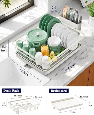 Dish Drying Rack for Kitchen Counter, Stainless Steel Sink Organization and Storage Essentials with Cutlery Holder, Home and Appartment Decor, 12''W x 15.5''L, Light Grey