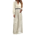thumbnail image 5 of JULMCOMO Jumpsuits for Women Sequin Wide Leg Deep V Neck Dressy Jumpsuits Long Sleeve Belted Waist Evening One Piece Summer Rompers Beige S, 5 of 5