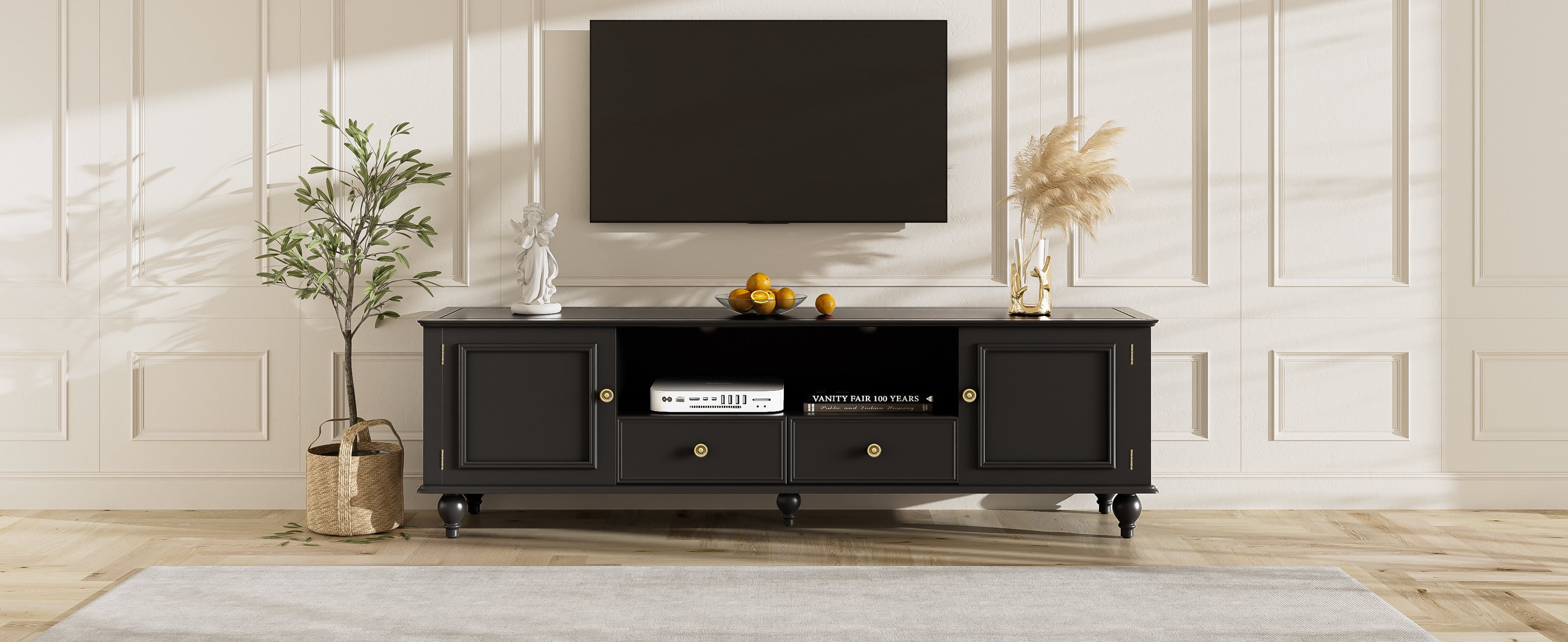 Euroco Modern Minimalist TV Stand with 2 Cabinets, 2 Drawers, and Open Shelf, Media Console with Anti-Tip Kit, for TVs up to 65"