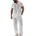 thumbnail image 2 of Ceisia Men's Loose Fit Cotton-Linen Like 2-Piece Set Hooded Short Sleeve Shirt with Elastic Waist Wide Leg Pants Gifts, 2 of 9