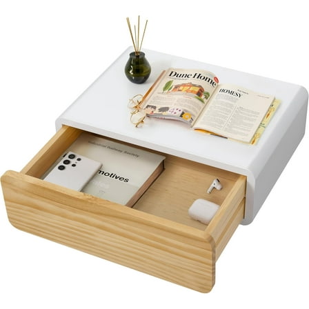 Floating Nightstand White with Drawers Modern Bedside Table Organiser Fully Assembled Shelf Small Spaces Wall Mounted Storage Wood Furniture for Bedroom Home Decor