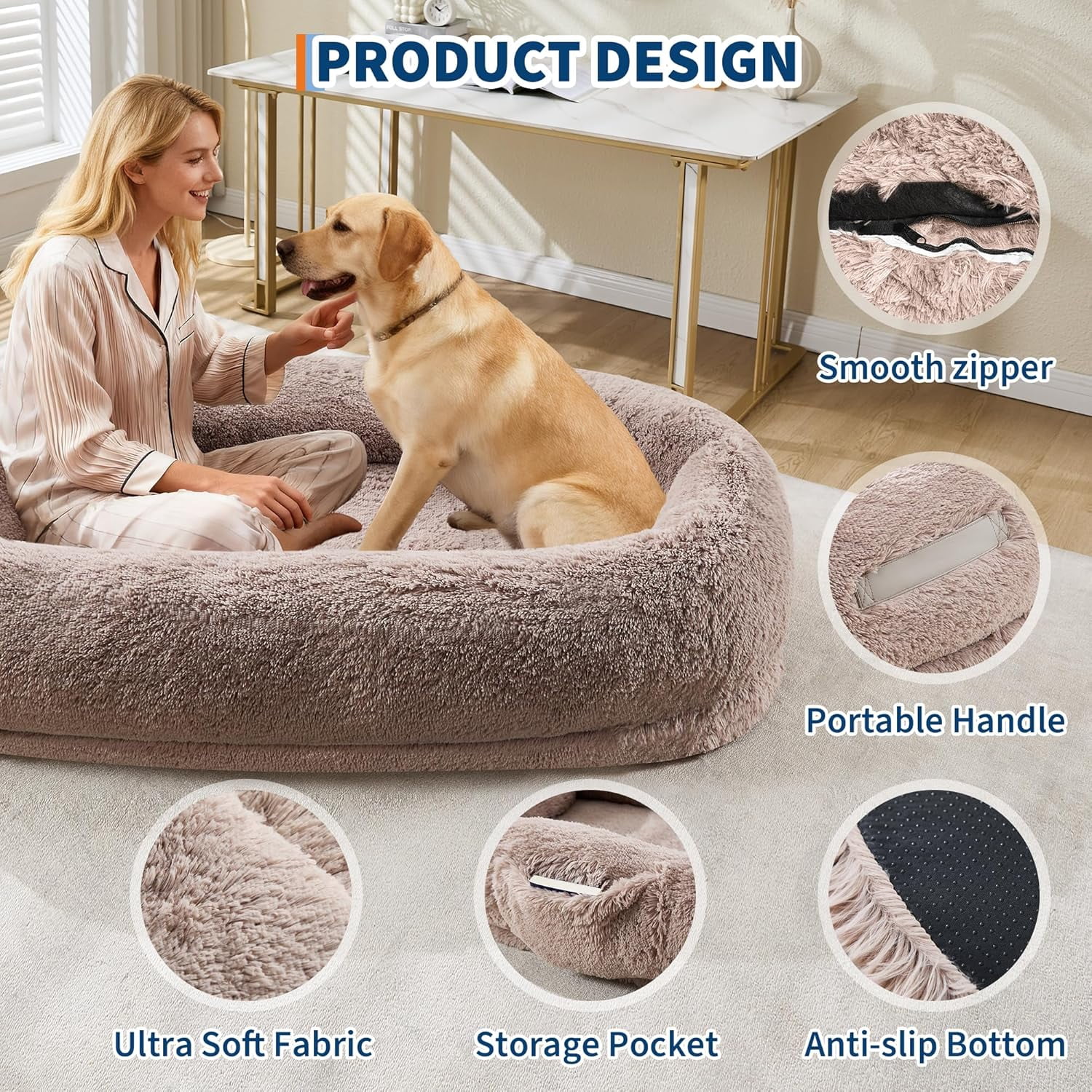 Acekid Human Dog Bed 67 Inch Adult Pets No Assembly Required Washable Fluffy Faux Fur Orthopedic Dog Bed Plump Pi