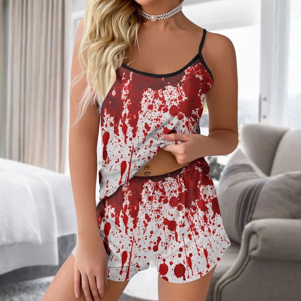 MKLEKYY Conjunto De 2 Piezas De Pijama Para Mujer, Con Tirantes Estampados, Pantalones Cortos De Mezclilla Para El Hogar (2)