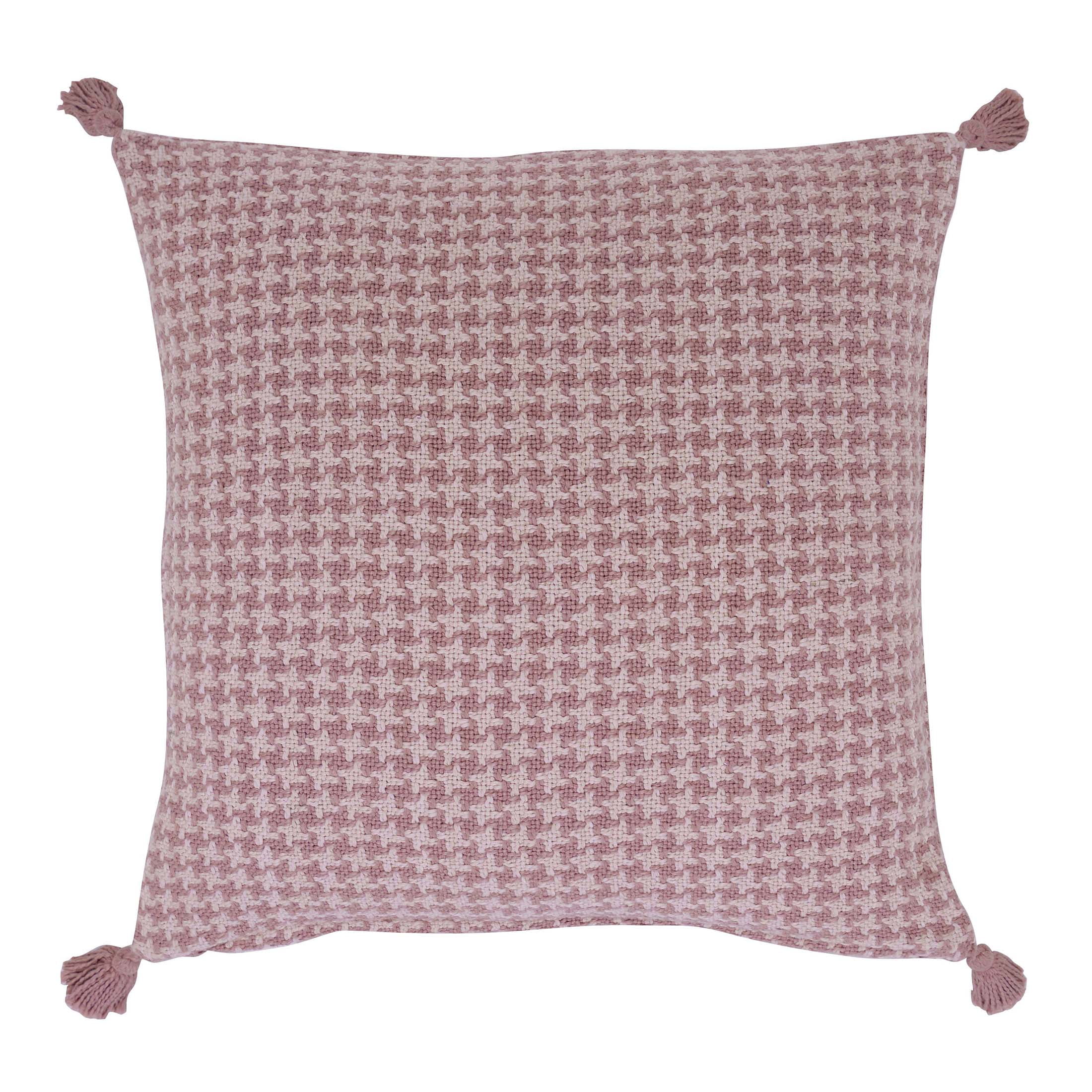 (2 pack) Beautiful Tonal Houndstooth Cotton Slub Decorative Pillow with Tassels by Drew Barrymore, 22" x 22", Rosé Pink